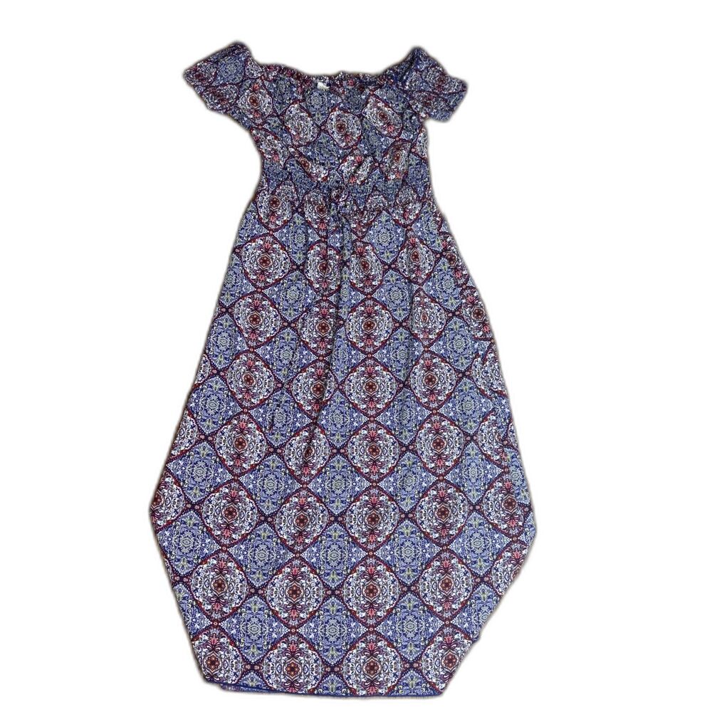 Bailey Blue Off Shoulder Maxi Dress Blue Maroon Geometric Large
